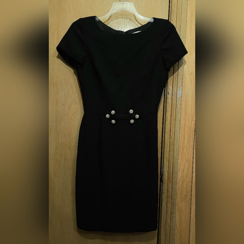 VTG 89s Horchow Dress Womens Sz 8 Black Sheath Rhinestone Button Cord Detail